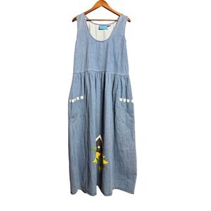 Vintage Ol' Paint Women 3X Denim Sunflower Maxi Dress Blue Sleeveless Pockets